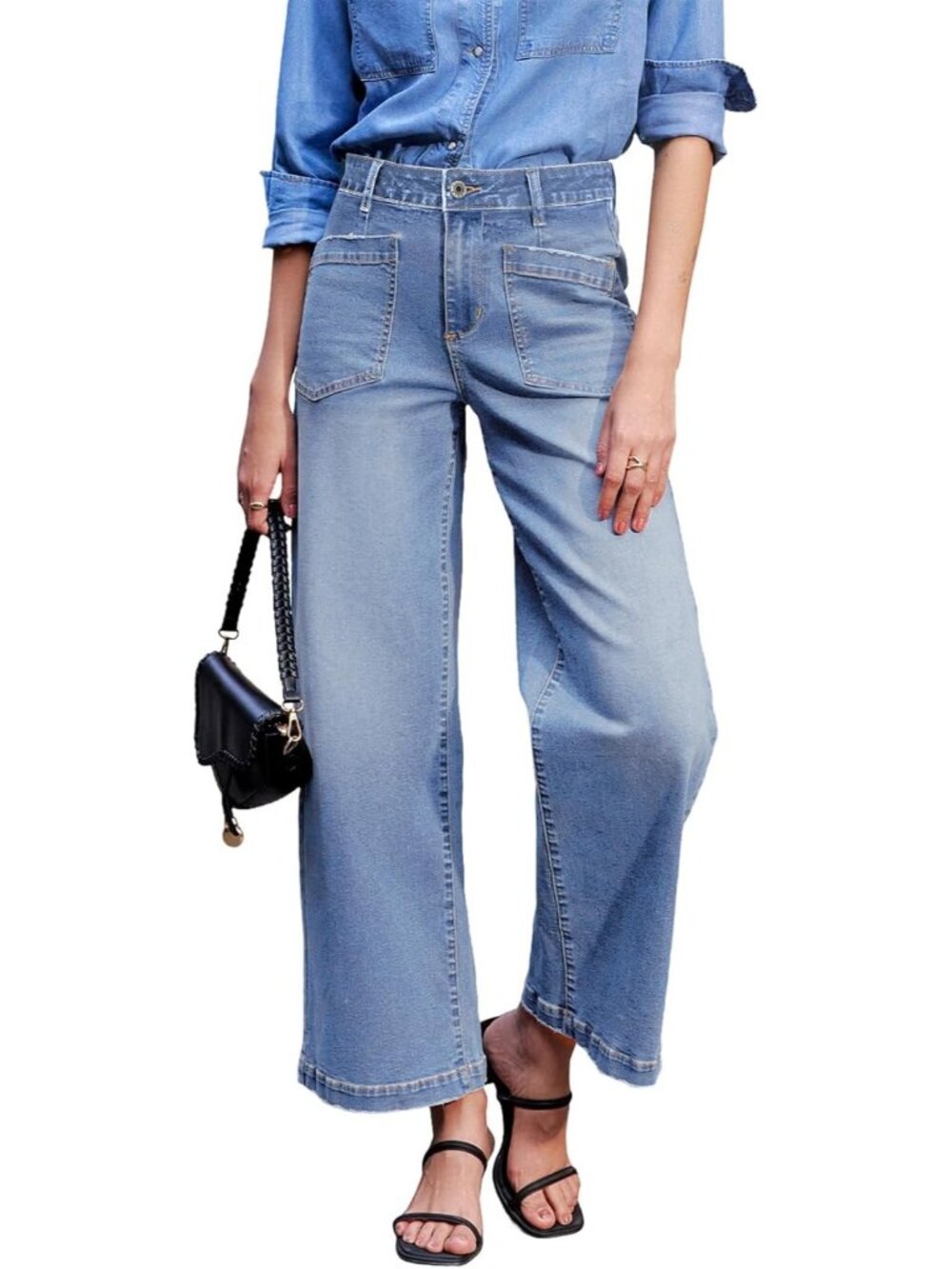Women's Blue Wide Leg Jeans High Waisted Stretchy Stylish Ankle Denim Pant